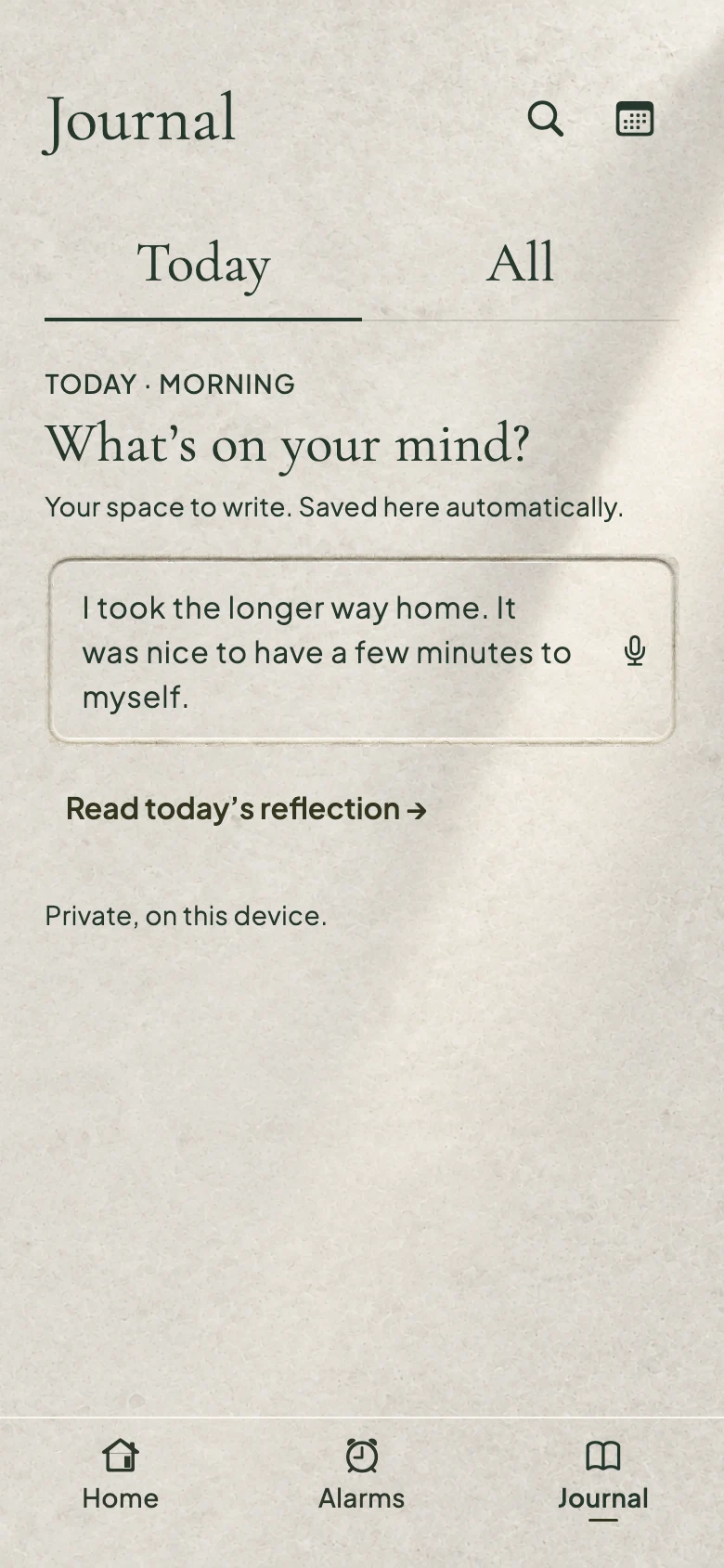 Journal screen with an example saved entry