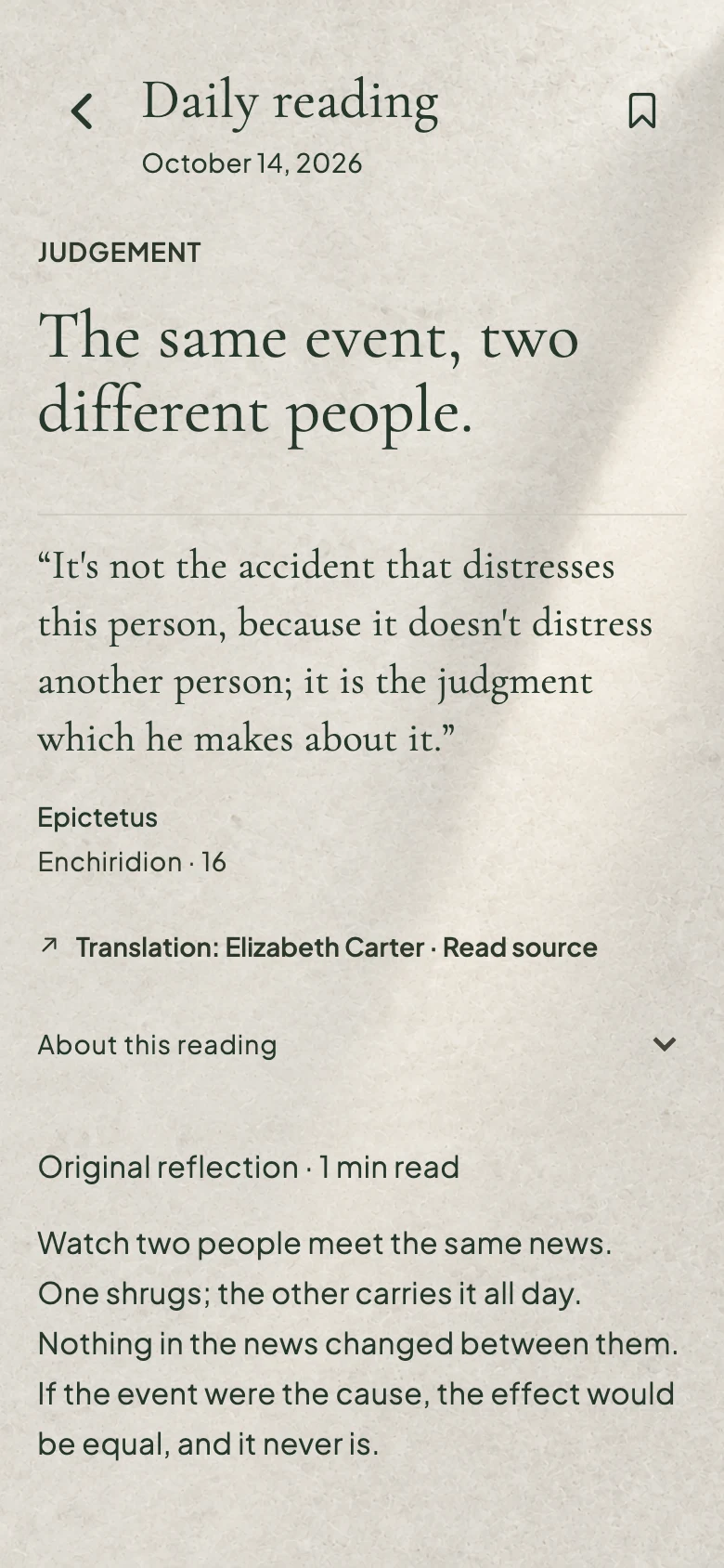 Daily Stoic reading in the actual app, with source attribution and commentary